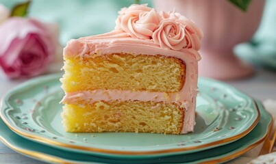 Rose and lemon cake with rose frosting on a pastel green plate