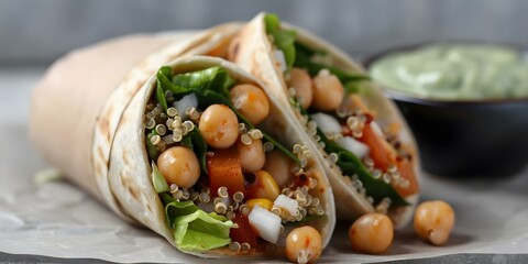 Wall Mural - Nutrient-Packed Vegetarian Burrito with Quinoa, Chickpeas, and Veggies. Concept Vegetarian Burrito, Nutrient-Packed, Quinoa recipe, Chickpeas, Veggie filling