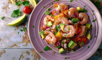 Wall Mural - Shrimp and avocado ceviche on a pastel purple plate