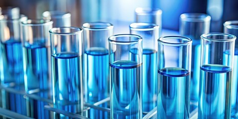 Wall Mural - Closeup of test tubes with blue liquid in modern laboratory setting, science, research, chemistry, innovation, progress, laboratory, technology, experiment, discovery, test tubes