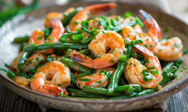 Shrimp and green bean stir-fry with garlic on a light wooden background