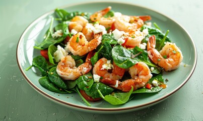 Wall Mural - Shrimp and spinach salad with feta on a pastel green plate
