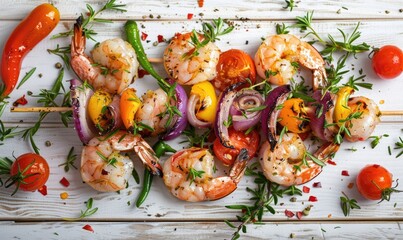 Wall Mural - Shrimp and roasted vegetable skewers on a light wooden background