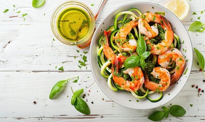 Wall Mural - Shrimp and zucchini noodles with pesto on a light wooden background