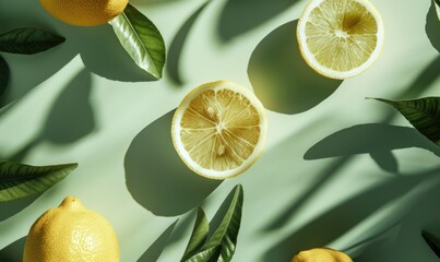 Wall Mural - Sliced lemons with leaves on a light green background
