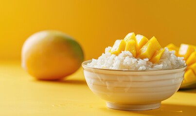 Wall Mural - Thai coconut sticky rice with mango on a light yellow background