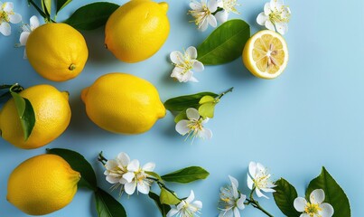 Wall Mural - Whole lemons with blossoms on a light blue background