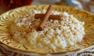 Wall Mural - Arroz con leche (rice pudding) with cinnamon on a pastel yellow plate