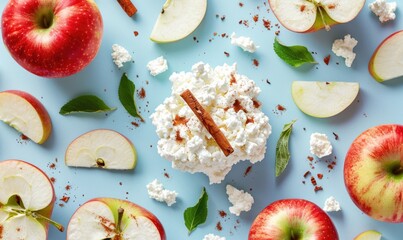 Poster - Apple slices with cottage cheese and cinnamon on a light blue background