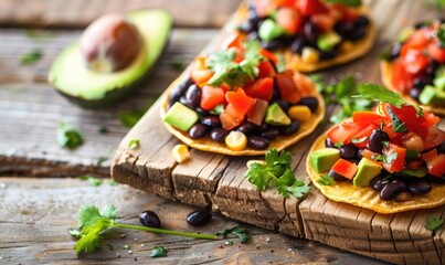 Wall Mural - Avocado and black bean mini tostadas on a light wooden background
