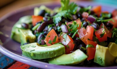 Wall Mural - Avocado and black bean salad on a pastel purple plate