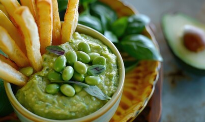 Poster - Avocado and edamame dip with veggie sticks on a pastel yellow plate