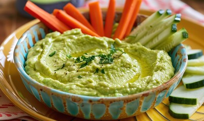 Canvas Print - Avocado and edamame dip with veggie sticks on a pastel yellow plate