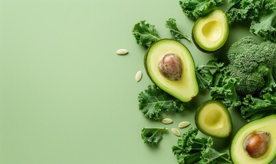 Wall Mural - Avocado and kale smoothie on a light green background