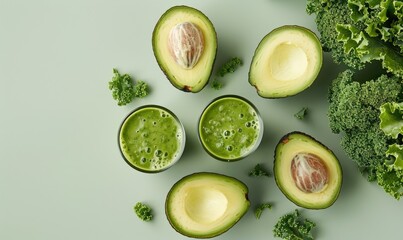 Poster - Avocado and kale smoothie on a light green background