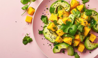 Wall Mural - Avocado and mango salad with cilantro on a pastel pink plate