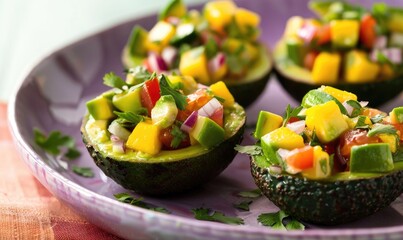 Wall Mural - Avocado and mango salsa cups on a pastel purple plate