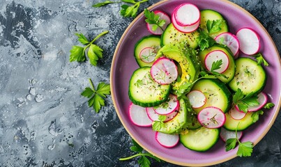 Wall Mural - Avocado and radish salad on cucumber rounds on a pastel purple plate