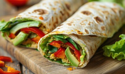 Poster - Avocado and red pepper hummus wraps on a light wooden background