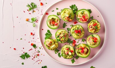 Poster - Avocado and roasted red pepper bites on a pastel pink plate