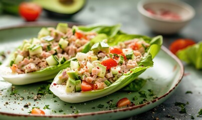 Canvas Print - Avocado and tuna salad on endive leaves on a pastel green plate