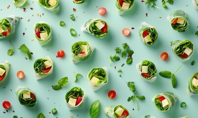 Wall Mural - Avocado and vegetable spring rolls on a light blue background