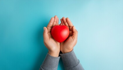 adult hands around red heart on light blue pastel background health care organ donation fami