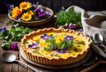 Wall Mural - delicious homemade quiche plate ready serve, savory, baked, crust, filling, egg, cheese, vegetables, breakfast, lunch, dinner, meal, cuisine, dish, gourmet,