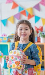 Poster - little girl go to school on the first day of the school