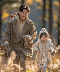 Wall Mural - parent and child running and smiling in park