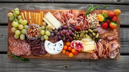 Wall Mural - A wooden cutting board displaying an assortment of natural foods like leaf vegetables, vegetables, and ingredients, set on a wooden table for a cuisine event AIG50