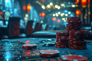 Sticker - A high-stakes poker game in a dimly lit casino, capturing suspense. Concept of gaming and strategy. Generative Ai.