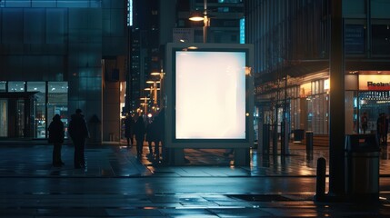 Sticker - Illuminated blank billboard with copy space for your text message or content, advertising mock up banner of bus station, public information board with blurred vehicles in high speed in night city