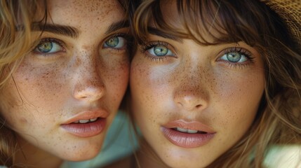 A close-up shot of two women with blue eyes and freckles, their faces closely positioned, showcasing their striking features and natural beauty in an intimate setting.