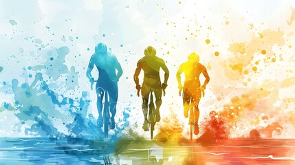 Wall Mural - Artistic Watercolor Representation of Triathlon Stages: Swimming, Cycling, and Running Combined