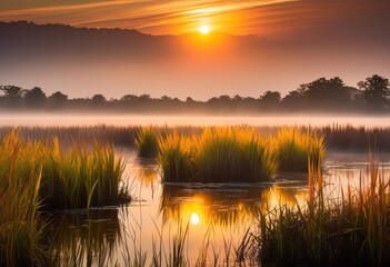 Wall Mural - majestic sunrise casting light over misty marshland, foggy, nature, scenery, tranquil, landscape, morning, wetland, environment, peaceful, serene, dawn, beauty