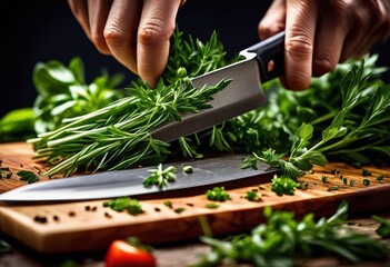 sharp knife cutting fresh herbs close view cooking preparation, slice, kitchen, tool, ingredient, culinary, green, leaf, aromatic, food, cuisine, chef, blade
