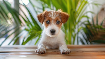 Wall Mural - Adorable Jack Russel terrier puppy with wire hair sitting near a palm plant on a hardwood floor and looking at the camera Close up shot with spacious background
