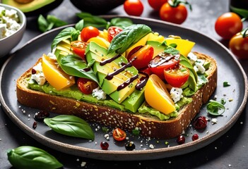 Wall Mural - delicious avocado toast healthy breakfast meal plate, toppings, fresh, brunch, food, nutrition, vegan, green, sliced, tomato, cucumber, radish, onion