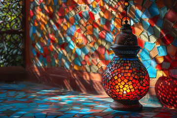 Wall Mural - A colorful mosaic lamp casting patterns on the wall. Concept of art and home décor. Generative Ai.