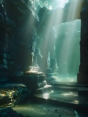 Wall Mural - an underwater cave with sunlight streaming through the water