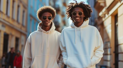 Wall Mural - Urban Style: African American Teenagers in Blank Hoodies Walking in City Street Mockup for Hoodie Design Print