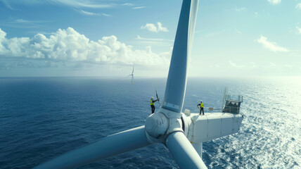 Engineers working at top of wind turbine in sea, workers perform maintenance of windmill in ocean on blue water background. Concept of energy, power, people, development