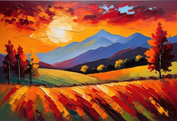 Wall Mural - vibrant sunset painting scenic rolling hills landscape warm colors, nature, sky, clouds, dusk, countryside, peaceful, beauty, outdoors, rural, meadows, horizon,