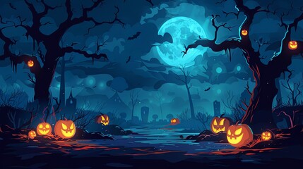 An enchanting Halloween night scene displaying a forest with glowing pumpkins, twisted trees, and an eerie luminescence under a full moon, creating a spooky and magical atmosphere.