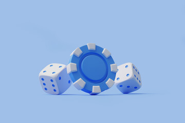 An blue poker chip flanked by two white dice against a bright blue background, symbolizing gambling and luck. 3D render illustration