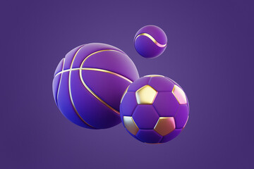 Three purple and gold sports balls, including a basketball, soccer ball, and tennis ball, representing elegance in sports. 3D render illustration