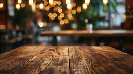 Sticker - Brown Wooden Table with Blurred Coffee Shop Background for Photography or Product Presentation