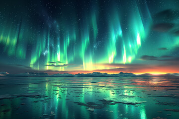 The northern lights dance across an arctic sky, showcasing auroras. Concept of polar weather and atmospheric displays. Generative Ai.