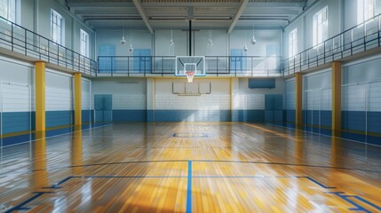 Empty Indoor Basketball Court with Wooden Floor - Generative AI